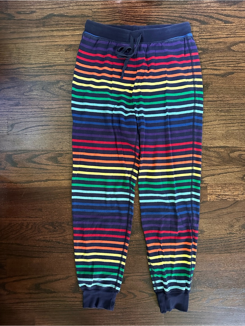 Primary rainbow striped pajama joggers, size M